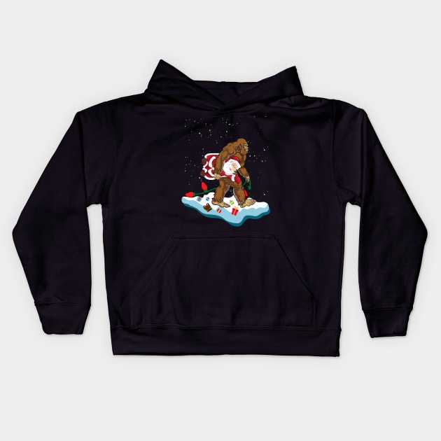 Bigfoot Kidnaps Santa Funny Christmas Kids Hoodie by JameMalbie